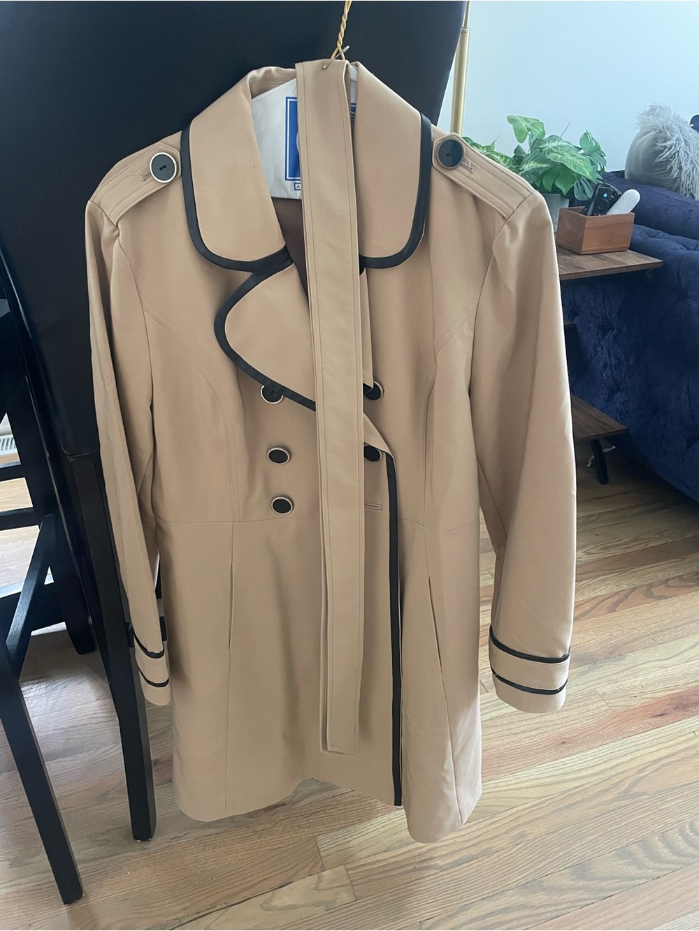 Women's Tan Trench Coat with Black Trim - Classic Double-Breasted Jacket